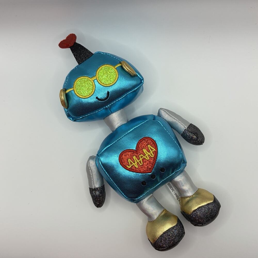 Robot Valentine Plush 10" Blue Glitter Shinny Doll Feature Toy Glasses‎ Heart